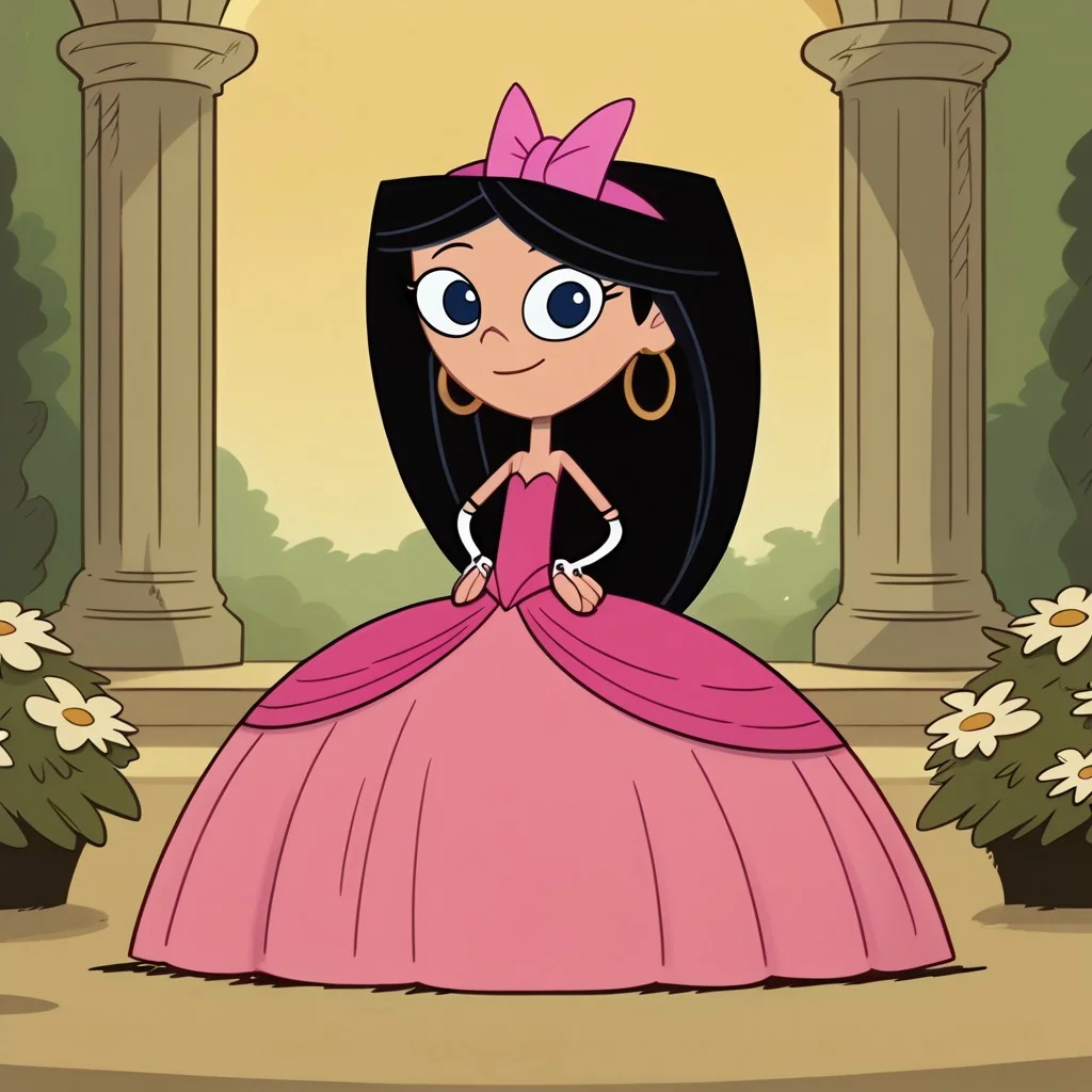 score_9, score_8_up, score_7_up BREAK IsaPF, 1girl, long black hair, dark blue eyes, pink bow, very long large straight tulle pink princess ball gown hoop skirt, ball gown hoop skirt, pink princess dress, hoopdress, my big princess gypsy wedding dress, ballgown, a girl in a dress posing for a picture, wearing long elbow length pink fingerless hook bridal gloves, she is smiling, closed mouth, ballgown, sexy pose, CrinolineDress, USE FACEFIX, cartoon, source_cartoon, smiling at viewer, full body, flower garden outdoors, flowers background, hands on hips,