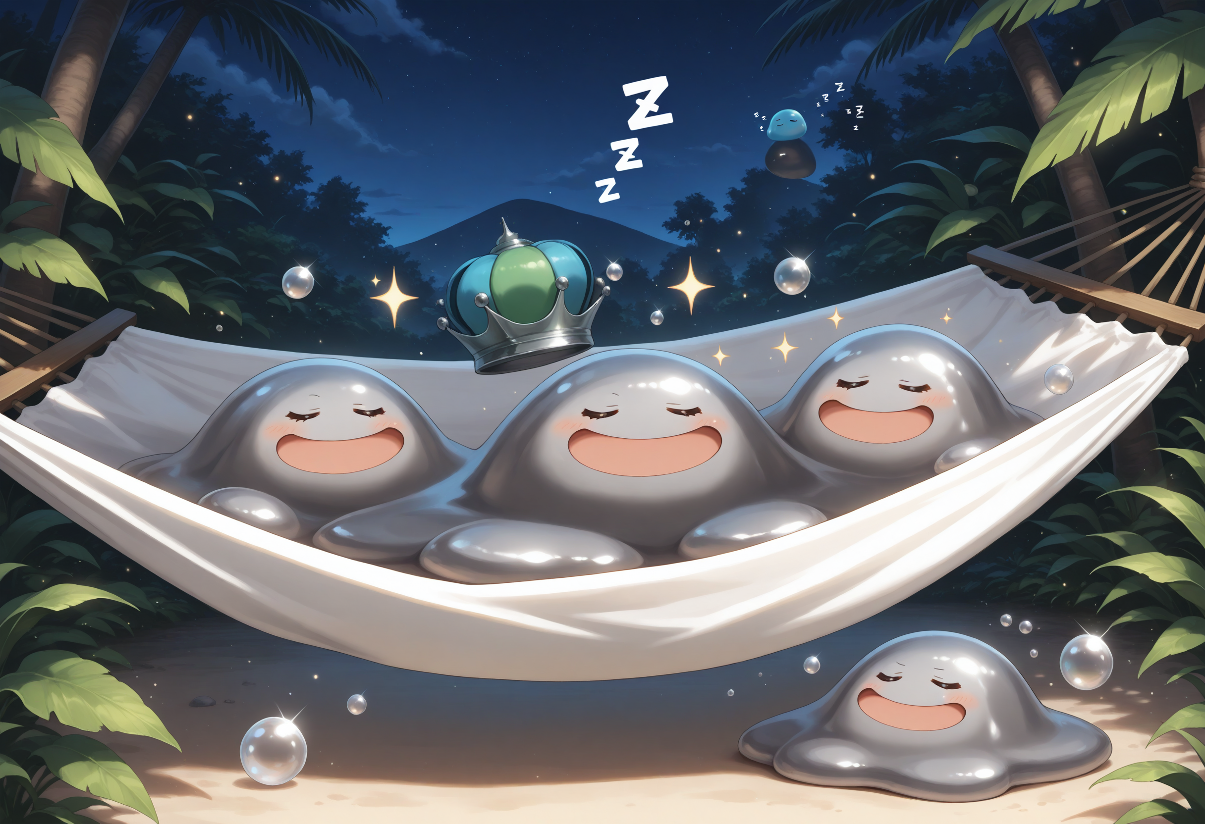 masterpiece,extreme detailed BREAK (3others:1.4),no humans,no_legs,night,indoor BREAK hagureking,crown,:D,slime \(creature\),sparkle,bubble,<lora:hagurin-NAI:1>,happy,smile,hammock,sleeping,zzz,
masterpiece,extreme detailed BREAK (3others:1.4),no humans,no_legs,night,indoor BREAK hagurin,:D,slime \(creature\),sparkle,bubble,<lora:hagurin-NAI:1>,happy,smile,hammock,sleeping,zzz,
