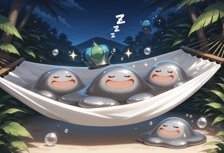 masterpiece,extreme detailed BREAK (3others:1.4),no humans,no_legs,night,indoor BREAK hagureking,crown,:D,slime \(creature\),sparkle,bubble,<lora:hagurin-NAI:1>,happy,smile,hammock,sleeping,zzz,
masterpiece,extreme detailed BREAK (3others:1.4),no humans,no_legs,night,indoor BREAK hagurin,:D,slime \(creature\),sparkle,bubble,<lora:hagurin-NAI:1>,happy,smile,hammock,sleeping,zzz,