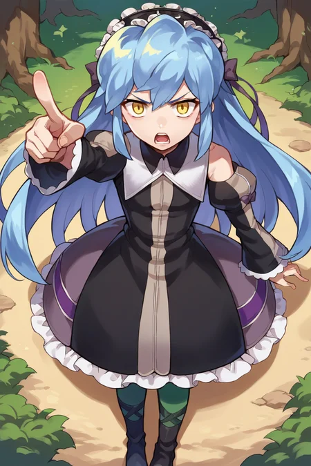 score_9, wisespeak, score_7_up, score_6_up, source_anime, 1girl, solo, <lora:xfkatrina-pdxl-nvwls-v1-000005:1> xfKatrina, blue hair, yellow eyes, long hair, hairband, black dress, detached sleeves, green pantyhose, boots, pointing at you, annoyed, open mouth, forest, looking at you, from above