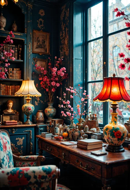 A cozy, vintage-inspired reading nook bathed in warm, natural light filtering through large, rustic blue-framed windows. The interior is adorned with an eclectic mix of colorful, floral-patterned table lamps-one with a vibrant red shade and another with an orange floral design-both sitting atop ornate ceramic bases with intricate green and teal motifs. The antique wooden table beneath them is cluttered with decorative trinkets, including small sculptures, a stack of books, and a delicate flower arrangement in a painted ceramic vase. On the left, a bookshelf filled with well-worn books and a small bust sculpture brings an intellectual, nostalgic charm. Branches of pink blossoms extend from a vase, adding a touch of nature and color contrast to the deep blue hues of the room. The atmosphere is intimate and sophisticated, with rich textures, deep colors, and an ambiance reminiscent of classic European elegance and coziness.. in the style of Jed-clrfl <lora:flux-colourful:0.5> <lora:Sinfully_Stylish_.02_for_FLUX:0.8> <lora:FluxDFaeTasticDetails:0.7>