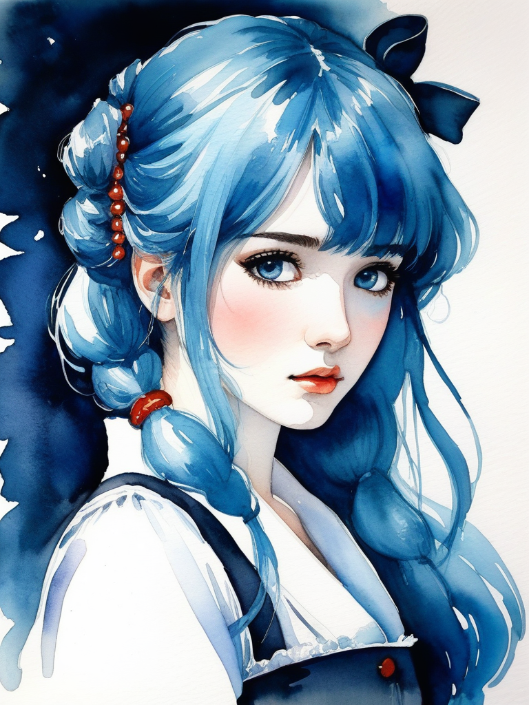 <lora:09WatercolorPainting_Hap_XL:1>,Winslow Homer style, watercolor painting, watercolor, beautiful anime girl, blue hair, detailed, dark theme,,
