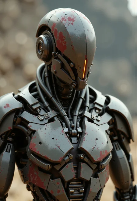 in the style of ckfa, Photorealistic portrait of a battle-scarred, faceless android warrior, designed with the functional, slightly jury-rigged feel of a heavily modified SCV pilot's gear or a Reaper's harness integrated into armor. Captured in a three-quarter view, head angled slightly. Features a helmet with a practical, reinforced V-shaped visor plate, looking like standard military issue but heavily customized. Smooth, stark sides curve back. The entire surface is marred by impacts, smeared liberally with thick grease, hydraulic fluid, and caked-on planetary dust (red or brown). Extremely intricate but clearly functional and field-repaired mechanical neck and upper torso visible, showcasing layered plating with exposed wiring bundles crudely taped over, mismatched replacement parts, heavy scratches down to bare metal, and thick armored seals. A dull yellow or amber light glows from behind the visor and status indicators on the chest plate. Set against a blurred background suggesting a dusty mining facility exterior or a hastily constructed forward base. Stark, functional cinematic lighting emphasizing its utilitarian, heavily used nature, hyperrealistic textures focusing on layered grime and makeshift repairs, shallow depth of field.
