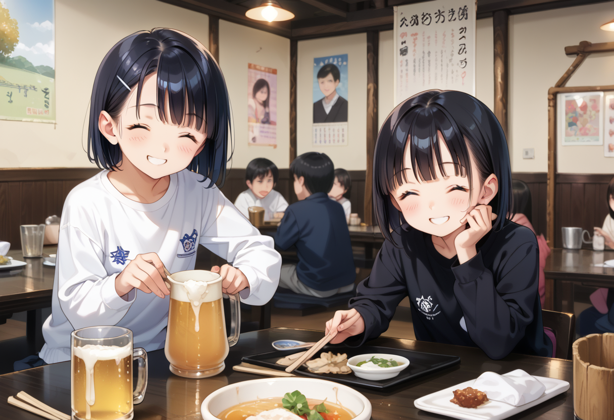 score_9, score_8_up, score_7_up, rating_safe, masterpiece, best quality, absurdres, unity 8k wallpaper, official art, official style, source_anime, game cg, megami magazine,
murayakuba, izakaya, black hair, multiple girls, shirt, cup, holding, beer mug, black shirt, chopsticks, bowl, closed eyes, indoors, table, food, short hair, sitting, smile, white shirt, jacket, long sleeves, poster (object)
 <lora:murayakuba_pony_V1:1>