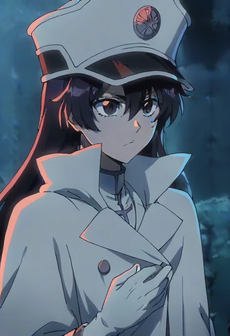 source_anime, anime screencap, anime coloring, nsfw, uncensored, <lora:Bambietta_Basterbine:1>Long hair, black hair, hair between eyes, dark purple eyes,, hat, peaked cap, white headwear, white gloves,