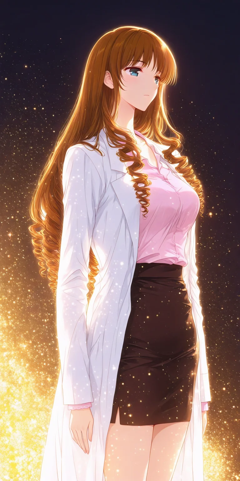 <lora:Anegasaki>,anegasaki,brown hair,long hair,blue eyes,drill hair,lab coat,pink shirt,pencil skirt,1girl,solo,<lora:milf1:0.8>,milf12,<lora:XXX477:0.5>,xxx667_illu,glowing,<lora:re4lity:0.3>,re4lity_sync_illu,<lora:Bright_style:1>,Bright_illu,sparkle,too many light particles,clamp \(circle\) \(style\),, masterpiece,best quality,cinematic lighting,amazing quality,very aesthetic,absurdres,best quality,4k,upscale