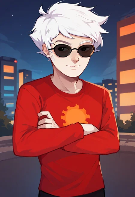 score_9, score_8_up, score_7_up, score_6_up, dave strider, white hair, white skin, sunglasses, male, 1boy, raglan sleeves, looking concerned, looking to the viewer, sidelong glance, raised eyebrow, confused expression, outdoors, city, night, standing, smile, sideburns, tired, messy hair, homestuck, male, headshot, crossed arms, upper body,