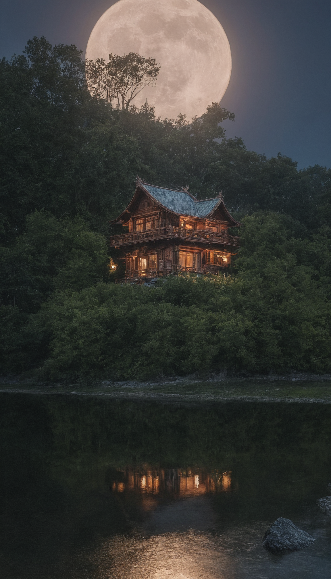 professional 3d model <lora:3vg3nylushp1n:1>,3vg3nylushp1n,architecture,scenery,evgeny,lushpin,building,outdoors,, architecture, bare tree, building, bush, castle, cloud, cloudy sky, east asian architecture, fog, forest, house, mountain, nature, no humans, outdoors, pagoda, scenery, sky, sunset, tower, tree, a cabin in the woods with a lake and trees in the background at night time with a full moon, Evgeny Lushpin, atmospheric, a photo, neo-romanticism . octane render, highly detailed, volumetric, dramatic lighting