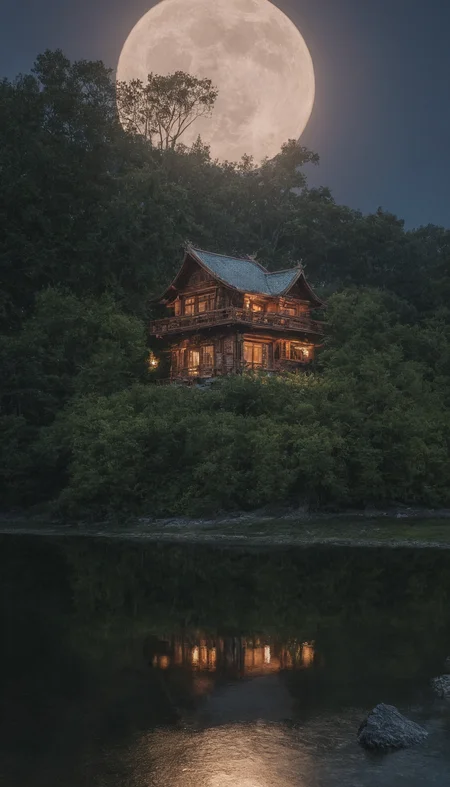 professional 3d model <lora:3vg3nylushp1n:1>,3vg3nylushp1n,architecture,scenery,evgeny,lushpin,building,outdoors,, architecture, bare tree, building, bush, castle, cloud, cloudy sky, east asian architecture, fog, forest, house, mountain, nature, no humans, outdoors, pagoda, scenery, sky, sunset, tower, tree, a cabin in the woods with a lake and trees in the background at night time with a full moon, Evgeny Lushpin, atmospheric, a photo, neo-romanticism . octane render, highly detailed, volumetric, dramatic lighting