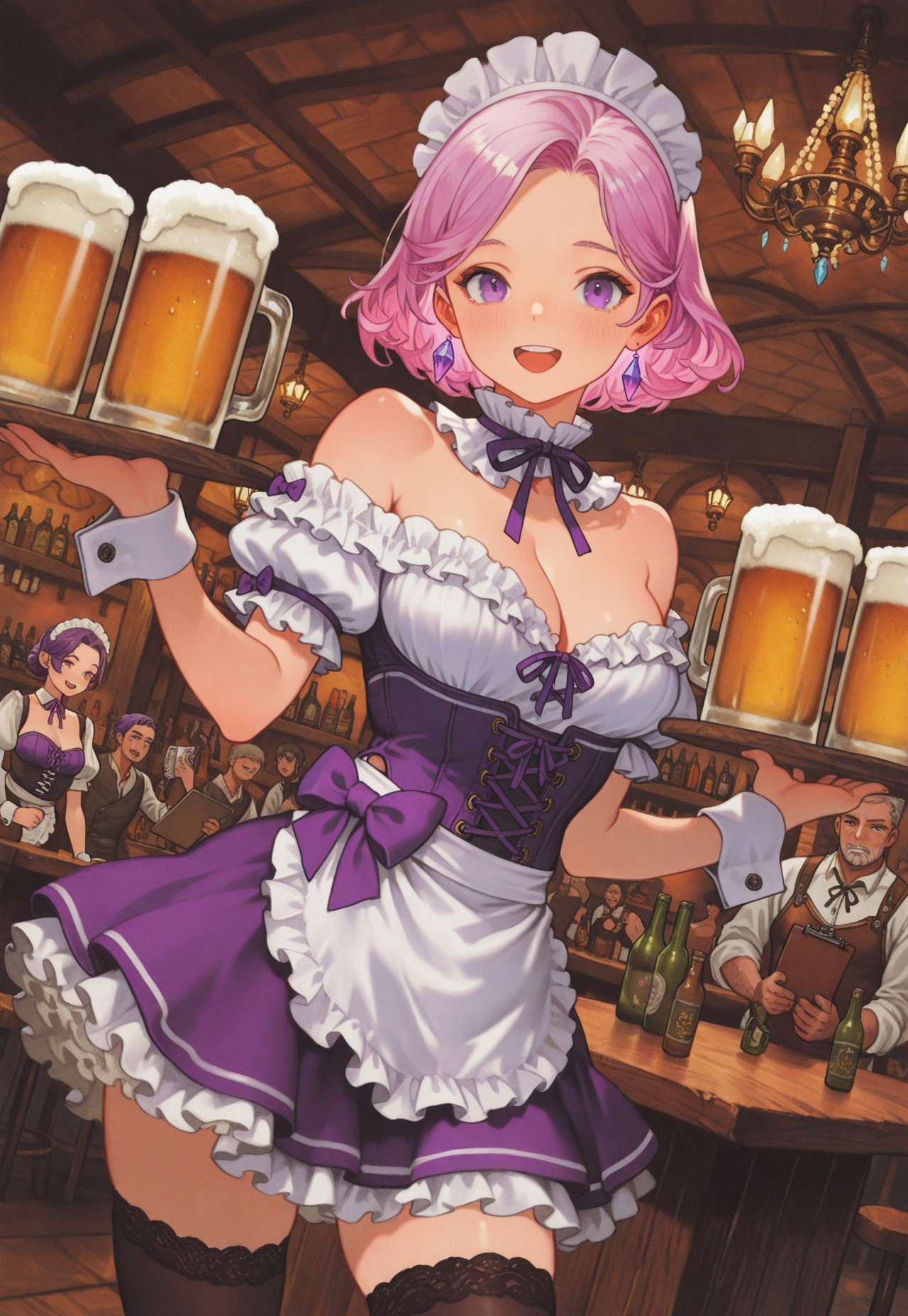 masterpiece, best quality, very aesthetic, absurdres, 
cowboy shot, 1girl, solo focus, 
pretty waitress, purple eyes, pink hair, purple hair, short hair, parted bangs, medium breasts, cleavage, bare shoulders, 
frills, maid headdress, detached collar, frilled collar, neck ribbon, purple dress, short dress, off-shoulder dress, bodice, cross-laced clothes, puffy short sleeves, wrist cuffs, dress bow, purple bow, waist apron, petticoat, black thighhighs, zettai ryouiki, 
holding tray, beer mug, alcohol, holding notepad, 
dutch angle, looking at viewer, standing, contrapposto, :d, open mouth, smile, upper teeth only, 
indoors, tavern, bar \(place\), chandelier, table, 3boys, multiple boys, mature male, crystal, bottle, 
oygilmb 
rakugakingu 
bdbgil 