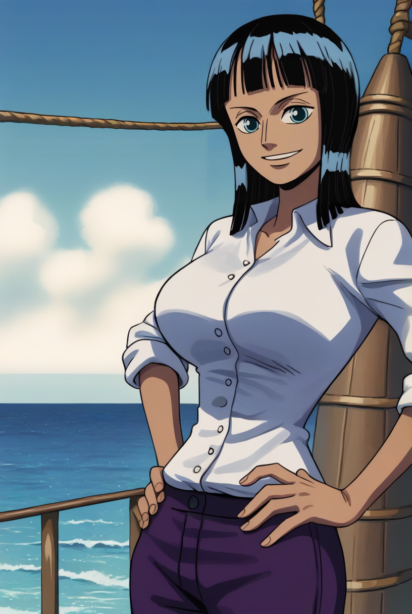 score_9, score_8_up, source_anime,  BREAK solo, 1girl, looking at viewer, cowboy shot,
<lora:NicoRobinAIOPdxlDwnsty:1>, arabastacas, blue eyes, black, hair, medium hair, blunt bangs, dark-skinned female, white shirt, dress shirt, collared shirt, sleeves rolled up, long sleeves, purple pants,
large breasts, smile, hands on own hips,
ourdoots, ship, ocean, blue sky,