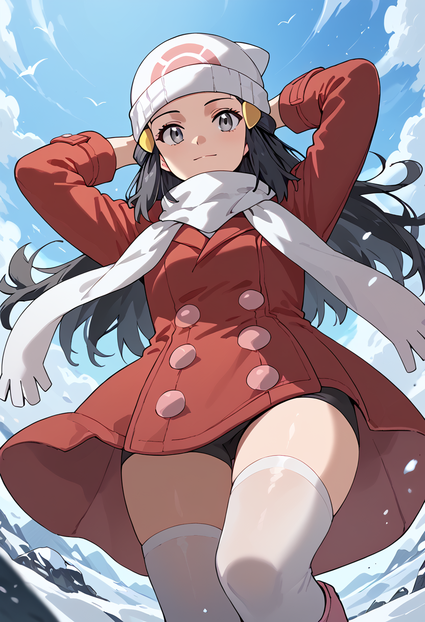 Leaning back, hands behind the head,  <lora:DawnPony-10:1>  Dawn_Platino, long hair, black hair, hair ornament, grey eyes, beanie, white headwear, coat, red coat, long sleeves, buttons, scarf, white scarf, thighhighs, white thighhighs, boots, pink footwear, , score_9, score_8_up, score_7_up, score_6_up, score_5_up, score_4_up,