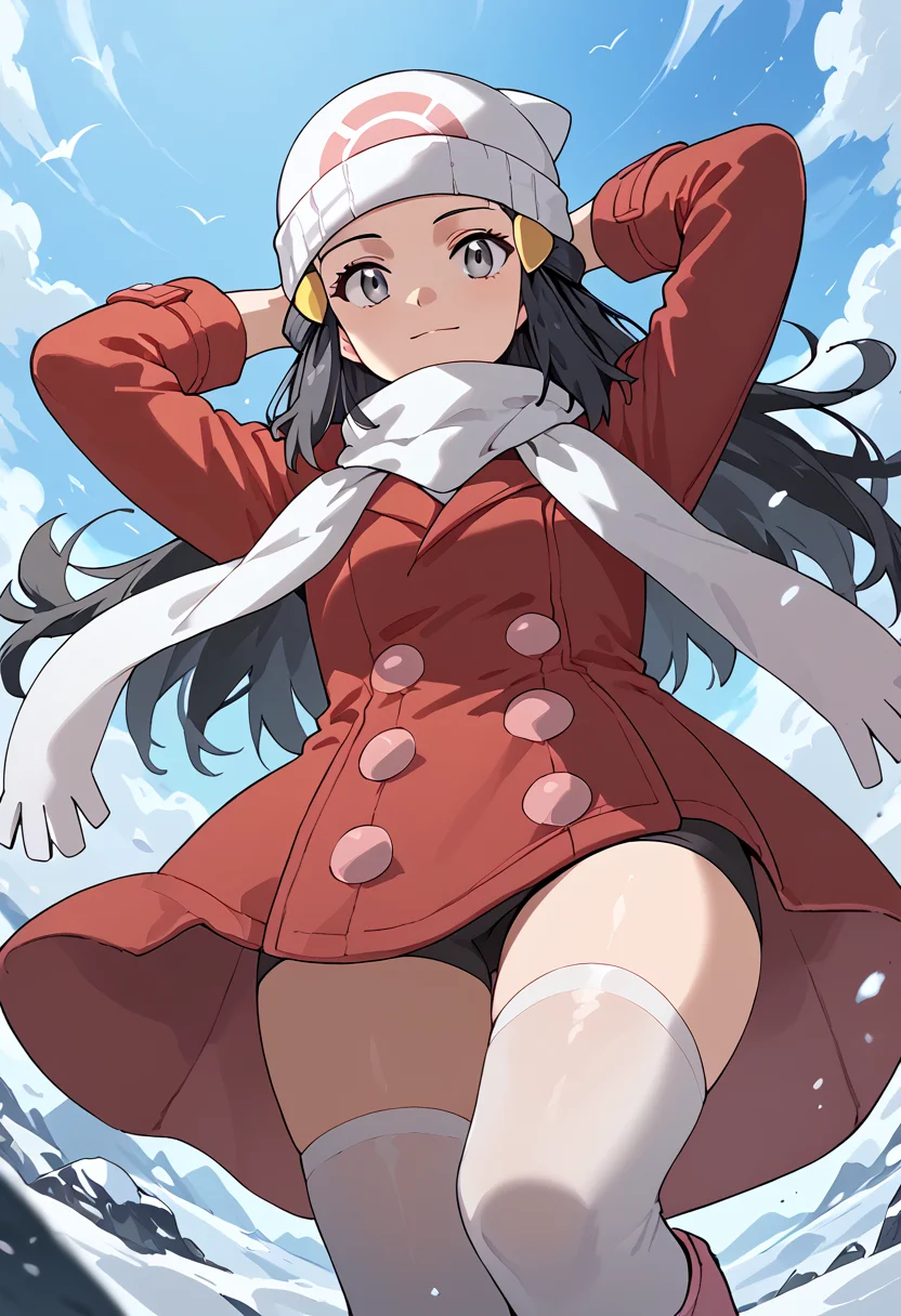 Leaning back, hands behind the head, <lora:DawnPony-10:1> Dawn_Platino, long hair, black hair, hair ornament, grey eyes, beanie, white headwear, coat, red coat, long sleeves, buttons, scarf, white scarf, thighhighs, white thighhighs, boots, pink footwear, , score_9, score_8_up, score_7_up, score_6_up, score_5_up, score_4_up,