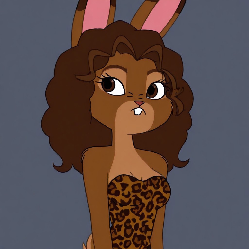 Br1anna,1girl,solo,furry,furry female,rabbit girl,brown hair,long hair,rabbit ears,brown eyes,animal nose,buck teeth,body fur,brown fur,rabbit tail, leopard print dress, strapless