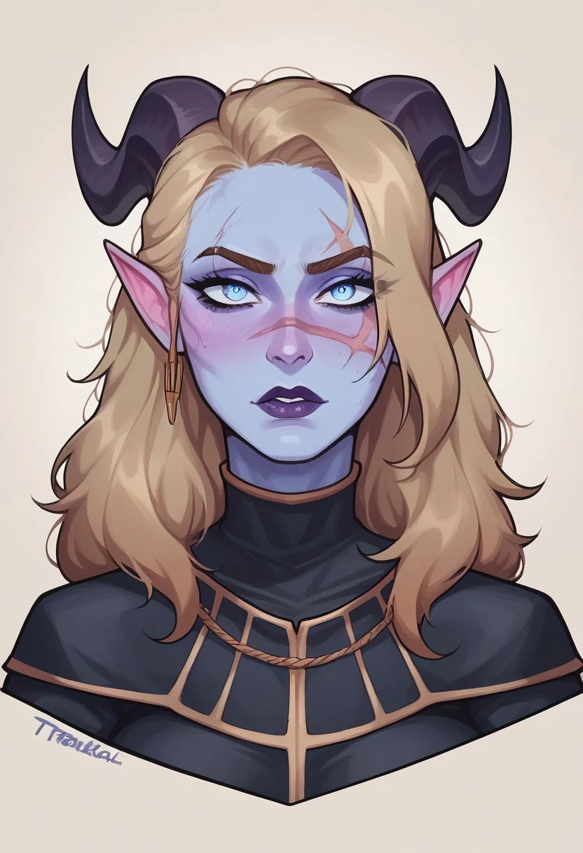 score_9, score_8_up, score_7_up, score_6_up, score_5_up, score_4_up, eye contact, looking at viewer, source_anime, naughty traditional art, lineart, DC, tiefling woman, (dirty blonde hair), demon horns, blue skin, cute face, attractive face, pretty face, rating_questionable, zPDXL, medieval, knight lady, upper body portrait, scar over left eye,