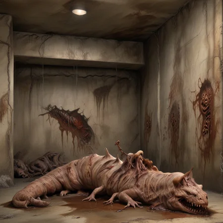 Dark Fantasy page, Inside a crypt. sluggirl, undead, twitching, writhing. Walls made of flesh. Painting. Monster Manual. s34slug, flaps, stalks
zombie slug hybrid man monster.