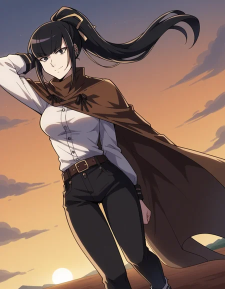 score_9, score_8_up, score_7_up, source_anime, <lora:narberal-gamma-s1s2-ponyxl-lora-nochekaiser:1>, narberal gamma, black hair, high ponytail, long hair, slanted eyes, narrow eyes, black eyes, medium breasts,, belt, belt buckle, black pants, black ribbon, brown cape, buckle, buttons, cape, pants, ribbon-trimmed cape, white shirt,, suburban neighborhood, morning jog, earphones, running shoes, fresh air, sunrise, , , hand behind head, smile,, solo,, cowboy shot, dutch angle