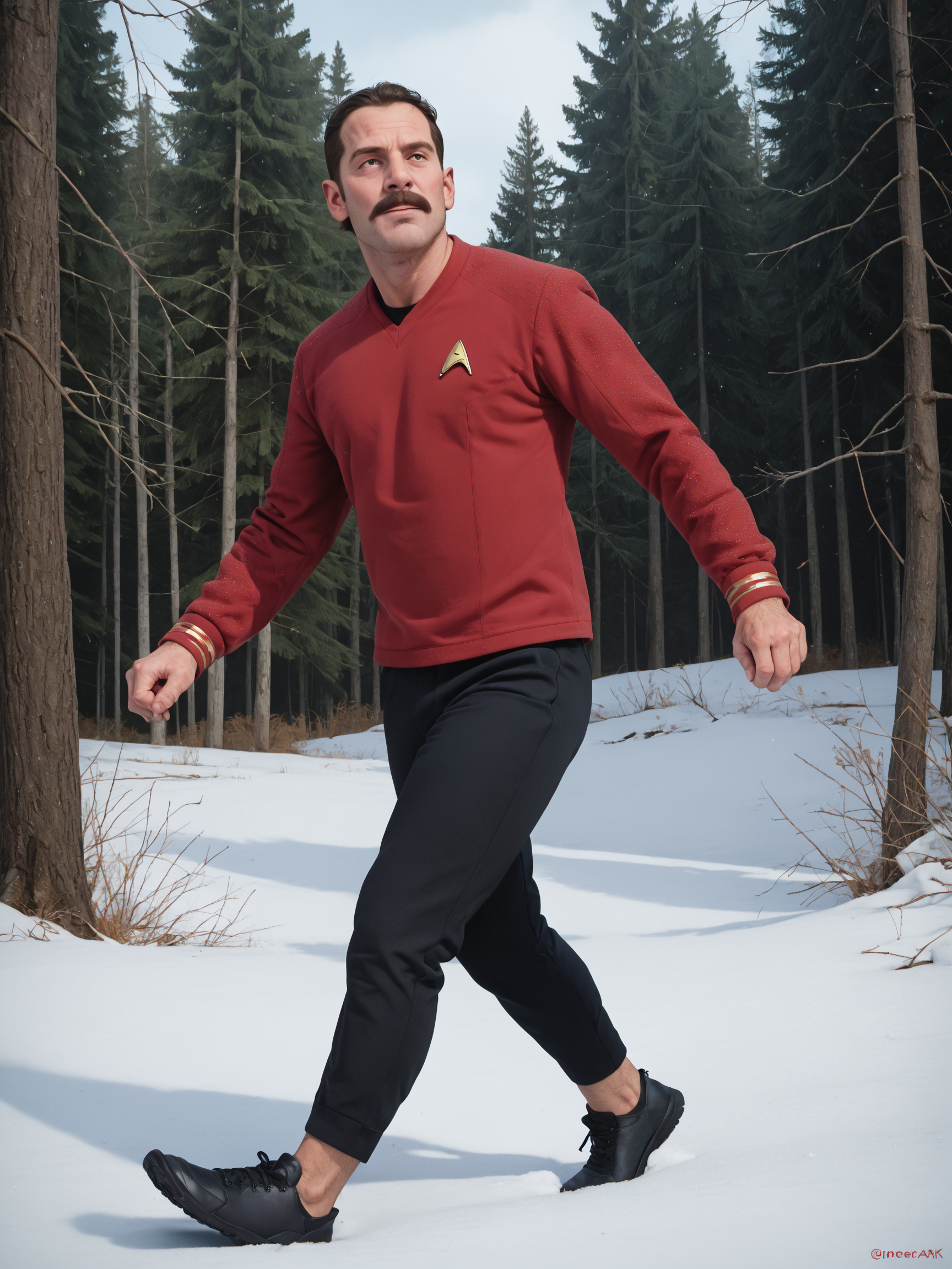 score_9, score_8_up, score_7_up, score_6_up, score_5_up,zPDXL2,man with moustache in star trek red uniform, in stsnwunf,long sleeves,black pants,running in winter,forest,snow<lora:ponySNW:0.8>