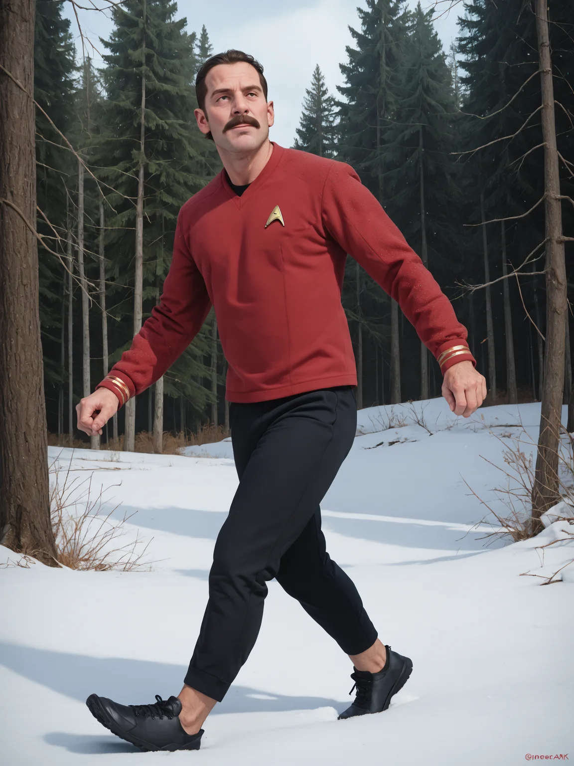 score_9, score_8_up, score_7_up, score_6_up, score_5_up,zPDXL2,man with moustache in star trek red uniform, in stsnwunf,long sleeves,black pants,running in winter,forest,snow<lora:ponySNW:0.8>