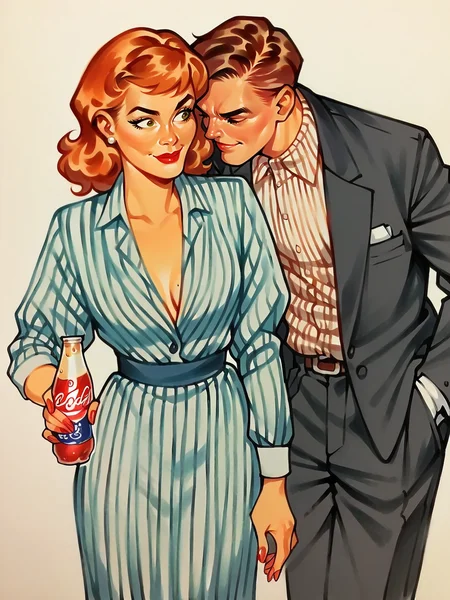 score_9, score_8_up, score_7_up, score_6_up,   <lora:r3tr0XLP:1> r3tr0, 1girl, 1boy, suit, striped dress, soda bottle, traditional media,
