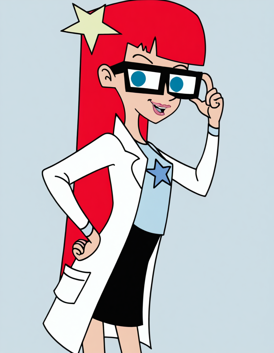 susantest, 1girl, red hair, glasses, solo, long hair, blue eyes, star hairclip, labcoat, blue t-shirt, lips, skirt , looking at viewer, hand on own hip, cowboy shot, smile, , masterpiece, best quality, amazing quality, very aesthetic, absurdres,<lora:SusanTestIllustrious1.0JLFO-000017:1>