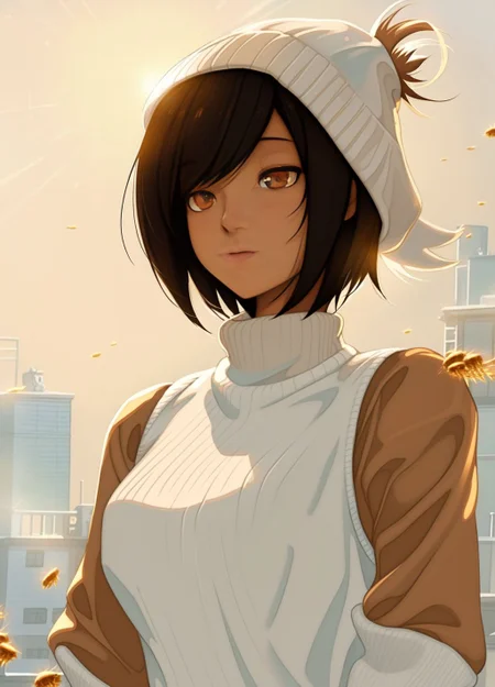 best quality, masterpiece, original, highres, illustration,   (((front light))), day time, sunny aesthetic wallpaper, amazing, beautiful, 1girl, solo, honey skin,  short hair, black hair, winter, beanie, outside, blizzard, upper body,,  cybercity background