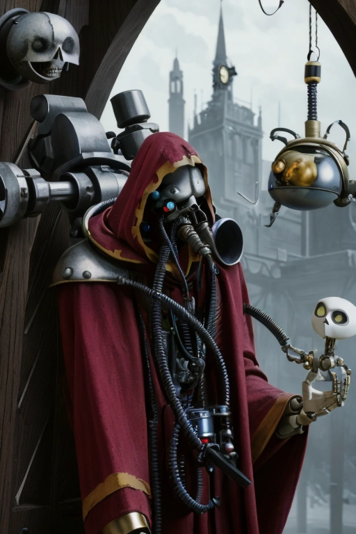 ((masterpiece,best quality)), absurdres, mechanical arms, robes, hood, (techpriest), cyborg, mechanical face, (TimBurton Animation)