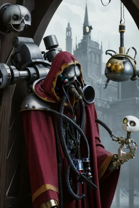 ((masterpiece,best quality)), absurdres, mechanical arms, robes, hood, (techpriest), cyborg, mechanical face, (TimBurton Animation)