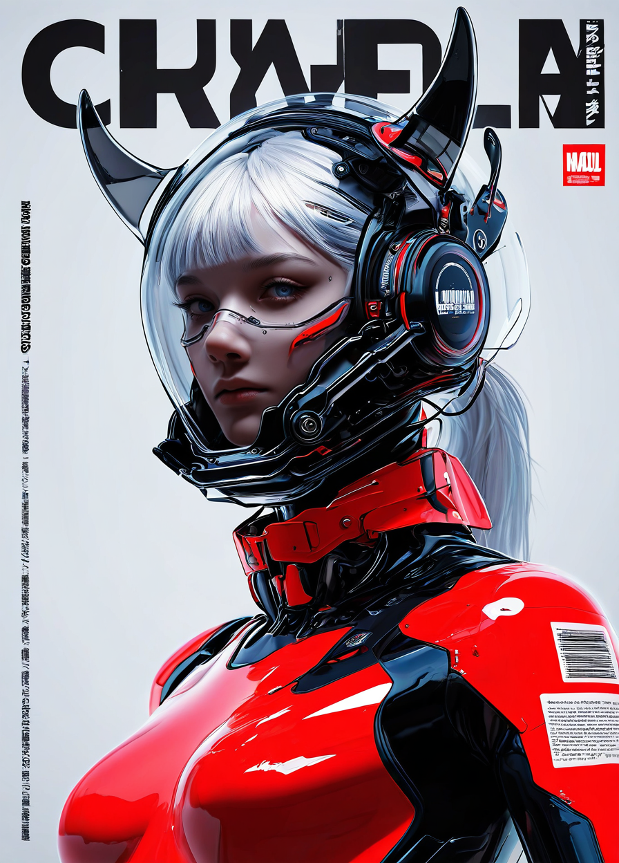 realistic,  
masterpiece, best quality, amazing quality, highres, absurdres, very aesthetic, very awa,expert shading, ultra detailed, UHD, 8K,
BREAK, 
N3onSp3ctra, 1girl, solo, blue eyes, white hair, headphones, ponytail, science fiction, barcode, upper body, looking at viewer, poster transparent, mask helmet, magazine cover, glass helmet, cyber horns ,see-through mask, plastic armor, red white armor accents, low angle, upper body, graphics, logos, text("GRIM"), Japanese kanji graphics, <lora:NeonSpectra-000011:0.75>