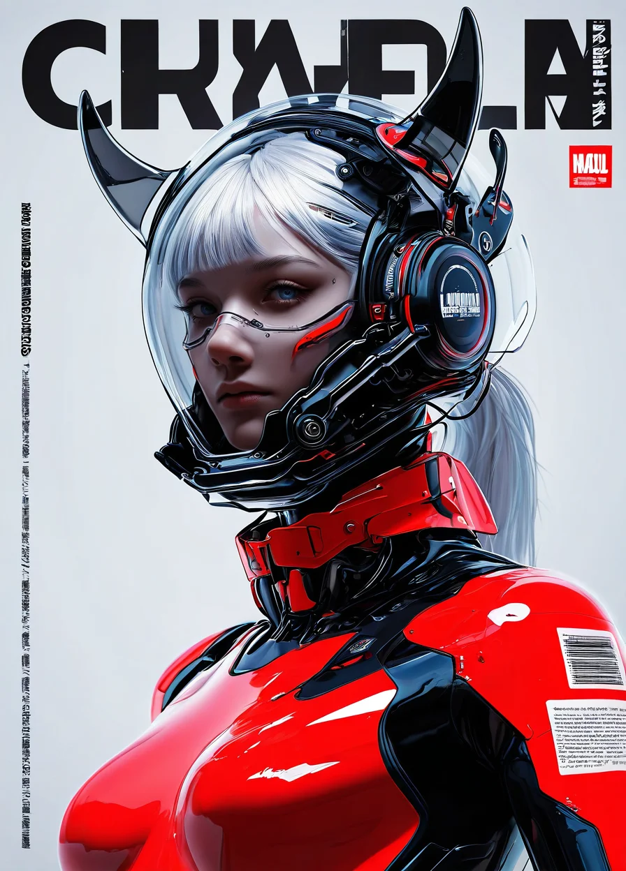 realistic,
masterpiece, best quality, amazing quality, highres, absurdres, very aesthetic, very awa,expert shading, ultra detailed, UHD, 8K,
BREAK,
N3onSp3ctra, 1girl, solo, blue eyes, white hair, headphones, ponytail, science fiction, barcode, upper body, looking at viewer, poster transparent, mask helmet, magazine cover, glass helmet, cyber horns ,see-through mask, plastic armor, red white armor accents, low angle, upper body, graphics, logos, text("GRIM"), Japanese kanji graphics, <lora:NeonSpectra-000011:0.75>