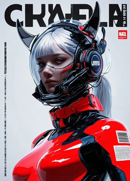 realistic,
masterpiece, best quality, amazing quality, highres, absurdres, very aesthetic, very awa,expert shading, ultra detailed, UHD, 8K,
BREAK,
N3onSp3ctra, 1girl, solo, blue eyes, white hair, headphones, ponytail, science fiction, barcode, upper body, looking at viewer, poster transparent, mask helmet, magazine cover, glass helmet, cyber horns ,see-through mask, plastic armor, red white armor accents, low angle, upper body, graphics, logos, text("GRIM"), Japanese kanji graphics, <lora:NeonSpectra-000011:0.75>