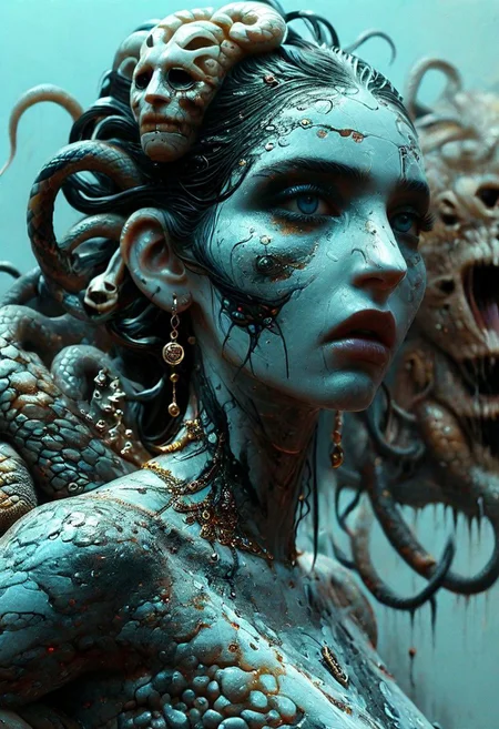 portrait of the gorgon "medusa", greek mythology, live snakes instead of hair, a piercing gaze that turns people into statues, vision of death , surreal and expressive Acrylic Pouring , Ink splatter , Fractal , Shaman , Dystopian Occult spirit , Pagan folk , African Tribe , Vaudoo , Animal Skull , Goddess , female creature , highly detailed clothes , highly detailed background with fractal effect and cosmic horror ellements , fine art style, Beautiful Divine Godess, Beautiful Lighting, U-V Reactive colors Photorealistic, Hyper-Detailed, fine art style , highly detailed jewellery made of bone, <lora:MJ52:0.7>