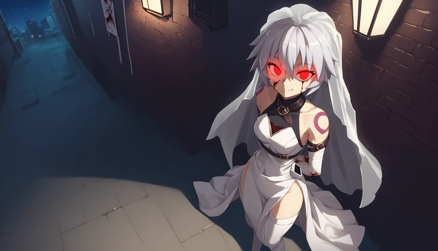 1girl, very long hair, side slit, grey hair, red eyes, scar on face, scar on cheek, scar across eye, shoulder tattoo, bandages, bandaged arm, arm belt, belt, sleeveless, bride, wedding dress, thigh boots, thighhighs, seuctive smile, glowing eyes, outoors, alley, london, red eyes, cowboy shot, mist, night, night sky, blood, blood stains, arms behind back, from above, dutch angle, <lora:Jack_the_Ripper_XL:0.8>, score_9, score_8_up, score_7_up, score_6_up, score_5_up, score_4_up, BREAK source_anime, masterpiece