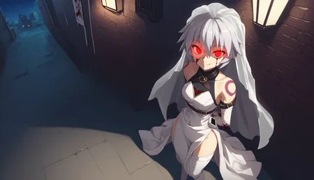 1girl, very long hair, side slit, grey hair, red eyes, scar on face, scar on cheek, scar across eye, shoulder tattoo, bandages, bandaged arm, arm belt, belt, sleeveless, bride, wedding dress, thigh boots, thighhighs, seuctive smile, glowing eyes, outoors, alley, london, red eyes, cowboy shot, mist, night, night sky, blood, blood stains, arms behind back, from above, dutch angle, <lora:Jack_the_Ripper_XL:0.8>, score_9, score_8_up, score_7_up, score_6_up, score_5_up, score_4_up, BREAK source_anime, masterpiece