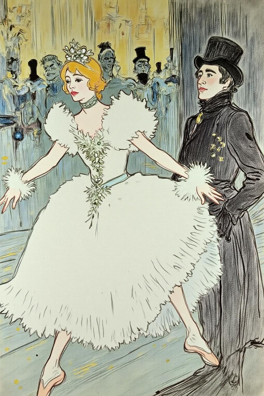 lautrec1 illustration 
A captivating and elegant ballet scene from Swan Lake by Tchaikovsky, set on a grand stage bathed in soft, ethereal lighting. The prima ballerina, dressed as Odette, wears a delicate white tutu adorned with feathers and shimmering details, her arms gracefully extended as if forming the wings of a swan. She stands en pointe, her expression conveying both beauty and melancholy.
 <lora:lautrec1_cap_d6a3e11:1.0><lora:810952764218698419:0>
