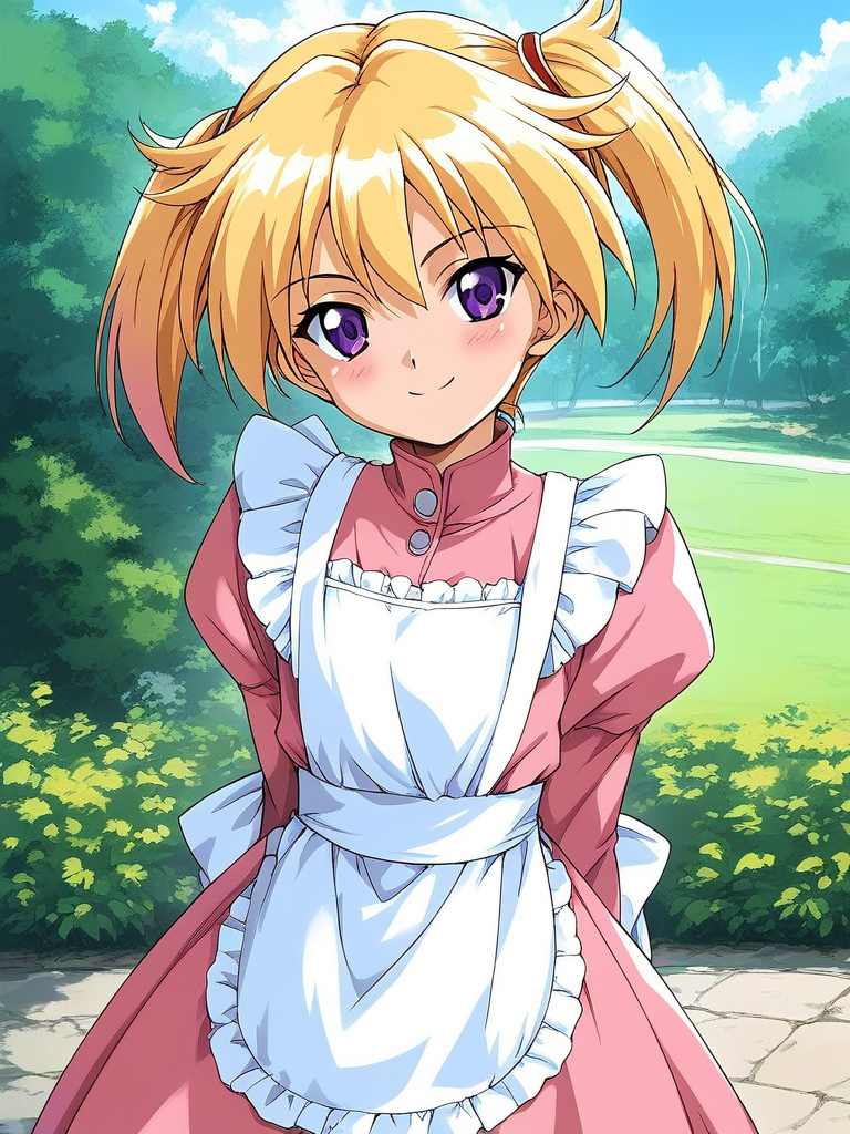 score_9, score_8_up, score_7_up, source_anime, rating_explicit, BREAK  <lora:Ijuin_Mei_XL:0.9> Ijuin_Mei, blonde hair,  purple eyes, medium hair,
twintails, solo,  long sleeves, looking at viewer, ribbon, pink dress, white apron, short stack, flat chest,
blush,  outdoor, day, light smile,
looking at viewer, 
cowboy_Shot,