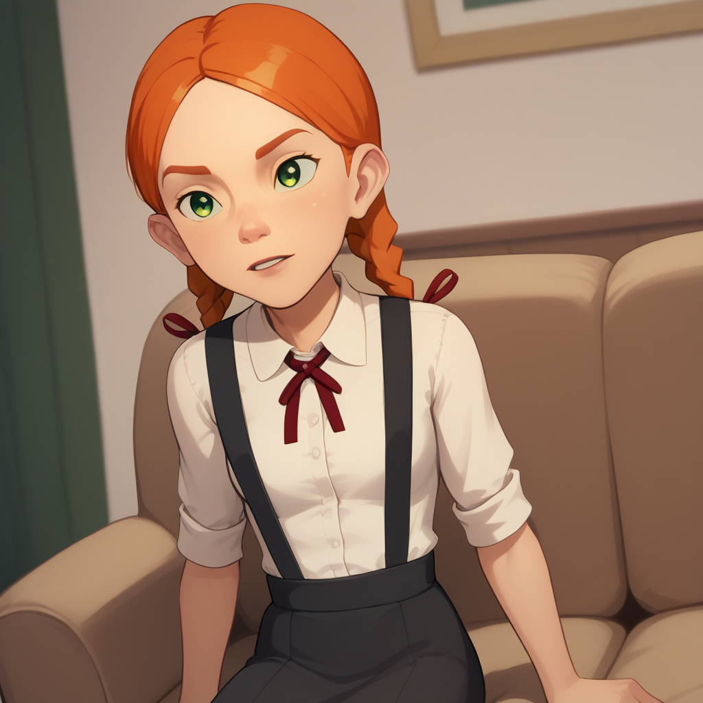score_9_up, BREAK, Jenny_Bennett , 1girl, solo, orange hair , twin braids, green eyes, red ribbon, white collared shirt, black suspenders, black suspender skirt,  indoors, on couch,  <lora:Jenny_Bennett_PXL_Leaf6:1>, depth of field,