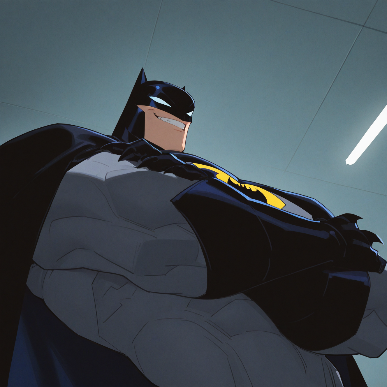 <lora:BATMAN_2004:1>batman_2004, solo, smile, 1boy, gloves, upper body, male focus, black gloves, indoors, grin, cape, mask, bodysuit, crossed arms, claws, meme, black cape, superhero, bat print, grey bodysuit,  dynamic perspective, detailed background, motion blur, film grain, abstract, natural lighting, fantasy, cinematic, dynamic view, tilted angle, very awa, masterpiece, best quality, absurdres, newest, perfect quality, detailed background, intricate details, (artist:fl \(l-fl\):0.7), (artist:tooboshoo:0.7), (artist:dizdoodz:0.8)