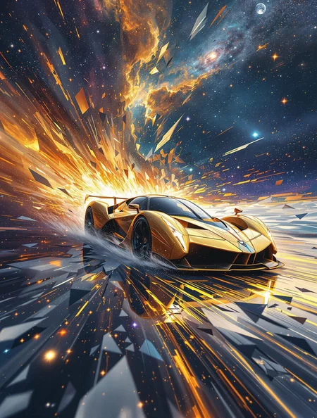 A celestial supercar racing across a shattered sky, body painted in golden brushstrokes, pixel galaxies exploding behind it
