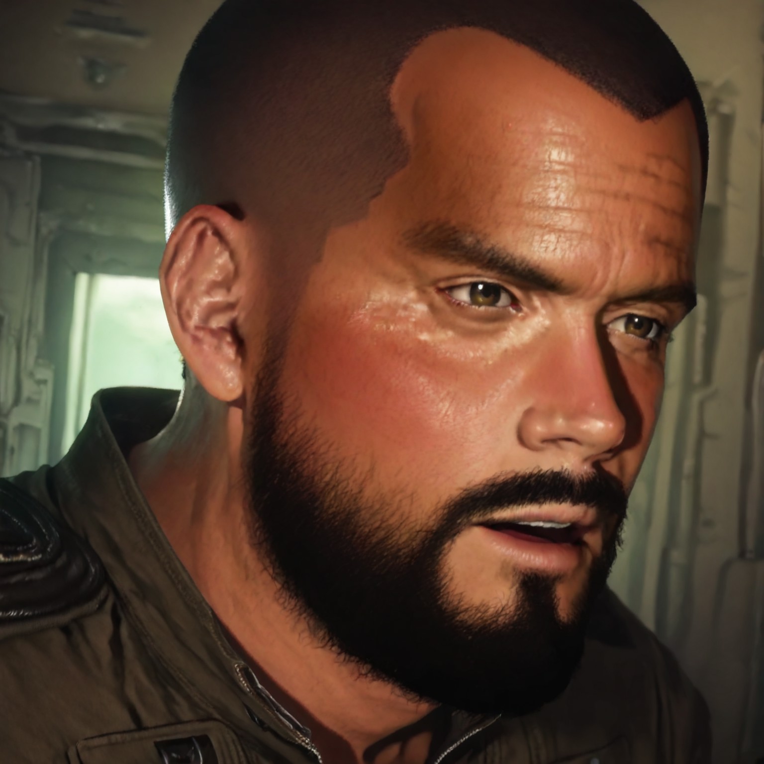 intricate, sharp focus, ray tracing, rtx, professionally color graded, professional photography, masterpiece, ultra detailed, high quality, best quality, 4k, 8k, raw,Jacob, solo, 1boy, realistic, facial hair, buzz cut, tall, manly, orange prisoner jumpsuit with rolled grey sleeves, brown eyes, brown hair, brown boots, face shot, close up, portrait, eyebrows, brown hair, 