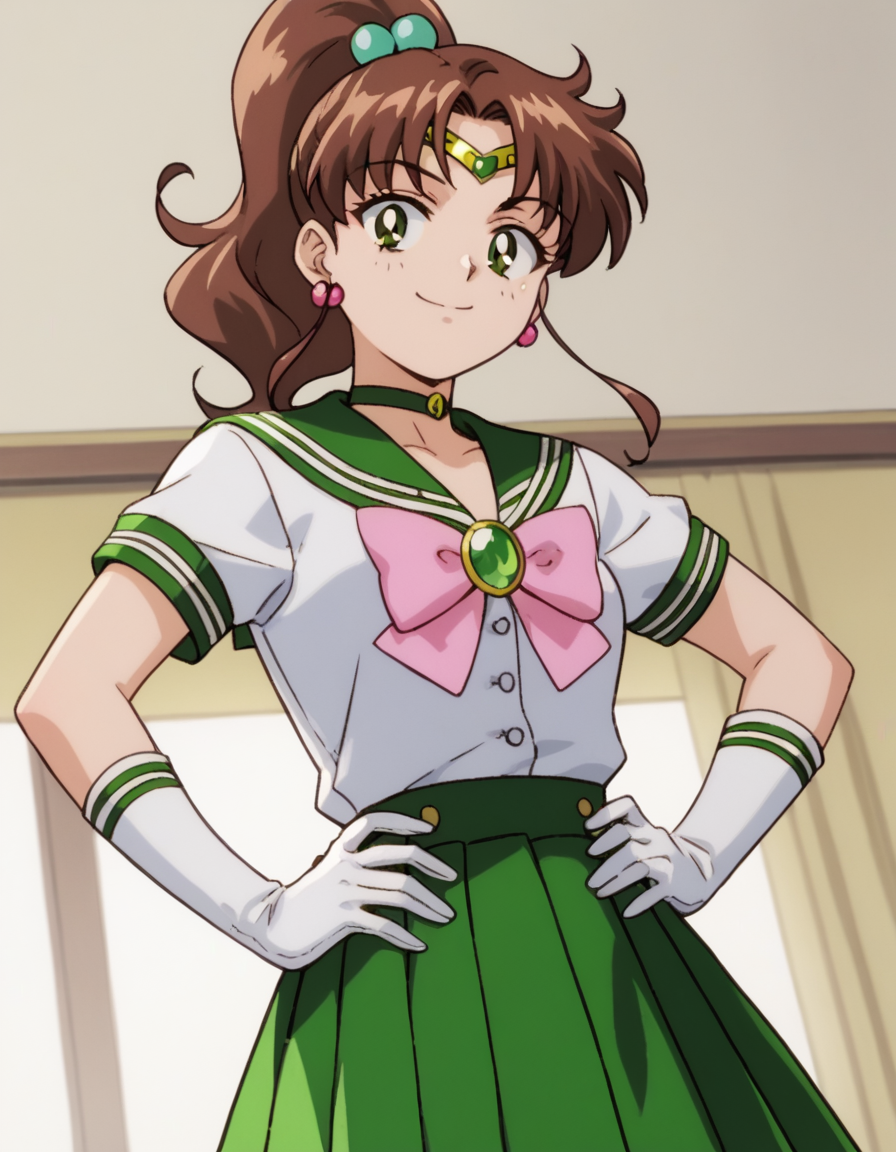 score_9, score_8_up, score_7_up, source_anime, <lora:makoto-kino-supers-movie-ponyxl-lora-nochekaiser:1>, makoto kino, brown hair, circlet, green eyes, hair bobbles, hair ornament, medium hair, ponytail, sidelocks, parted bangs,, back bow, bow, bowtie, brooch, choker, earrings, elbow gloves, flower earrings, gem, gloves, green choker, green gemstone, green sailor collar, green skirt, jewelry, miniskirt, pink bow, pink bowtie, pleated skirt, sailor collar, shirt, short sleeves, sidelocks, skirt, white gloves, white shirt,, indoors, smug, smile, looking at viewer, solo, hands on hips,, cowboy shot, dutch angle