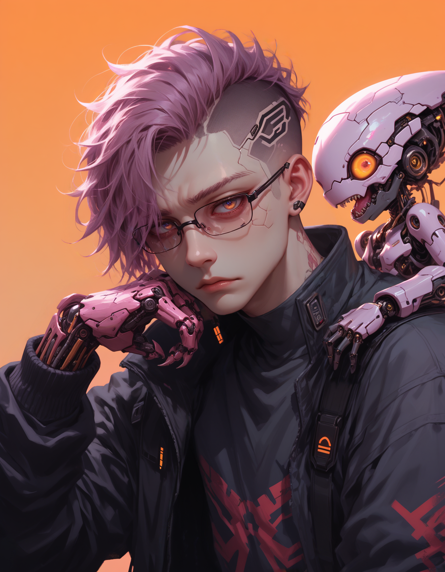 score_9, score_8, score_7_up,
1boy, cyborg, computer glasses over one eye, glass eye with cross hair, cyberpunk, shaved side of head, purple orange gradient background, mischievous evil expression, companion creature on shoulder
<lora:detail:1>