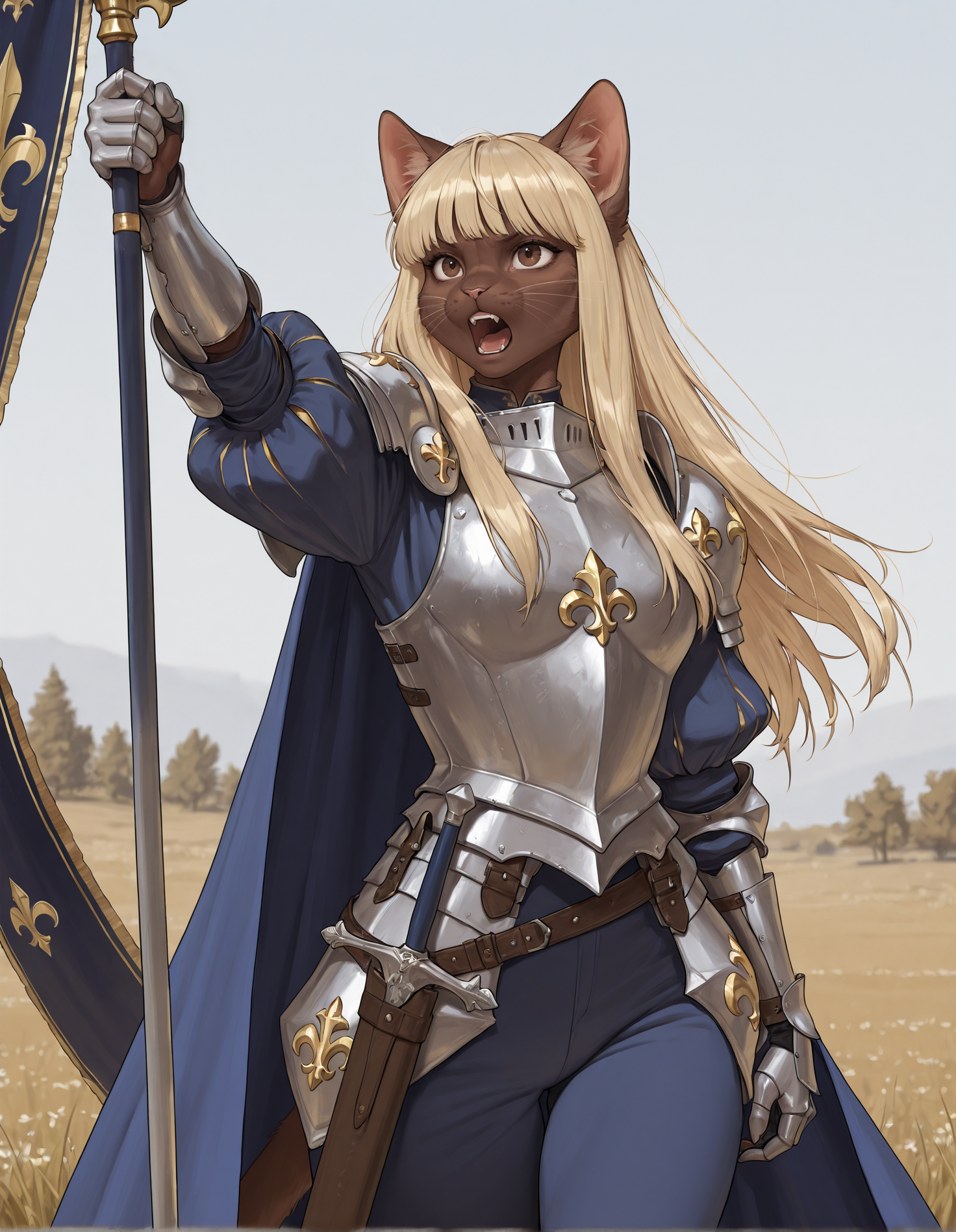 masterpiece, best quality, newest, absurdres, highres,realistic, (1girl, knight armour, cglora, furry female, cat woman, blonde hair, long hair, athletic, brown fur, bangs, brown eyes, silver armour, blue puffy sleeves, blue pants, silver pauldrons, silver gauntlets, blue cloak), outdoors, arm raised, holding a blue and gold banner, fleur-de-lis, scabbard, shouting, pointing,  <lora:Conquista_Gato:1>