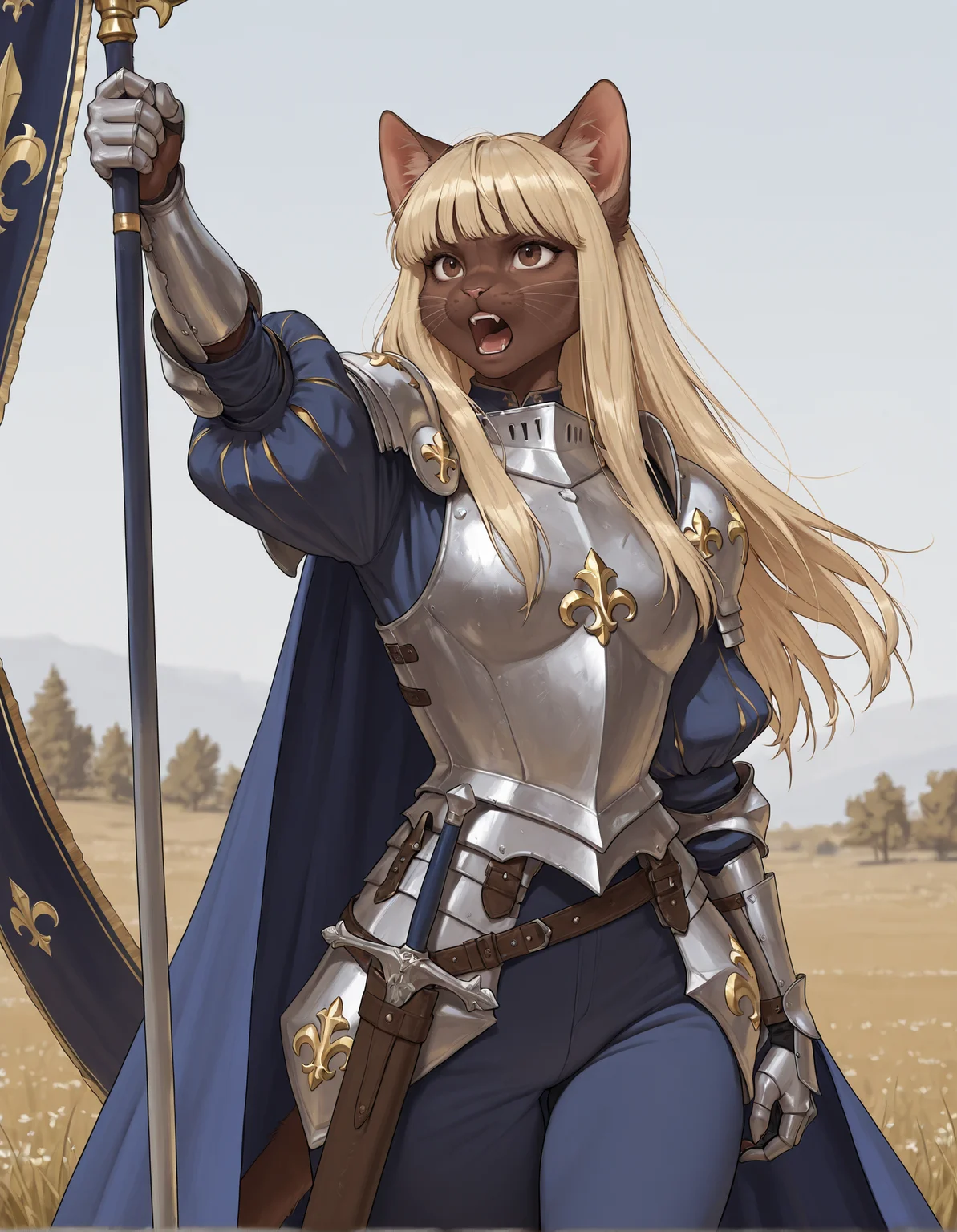 masterpiece, best quality, newest, absurdres, highres,realistic, (1girl, knight armour, cglora, furry female, cat woman, blonde hair, long hair, athletic, brown fur, bangs, brown eyes, silver armour, blue puffy sleeves, blue pants, silver pauldrons, silver gauntlets, blue cloak), outdoors, arm raised, holding a blue and gold banner, fleur-de-lis, scabbard, shouting, pointing,  <lora:Conquista_Gato:1>