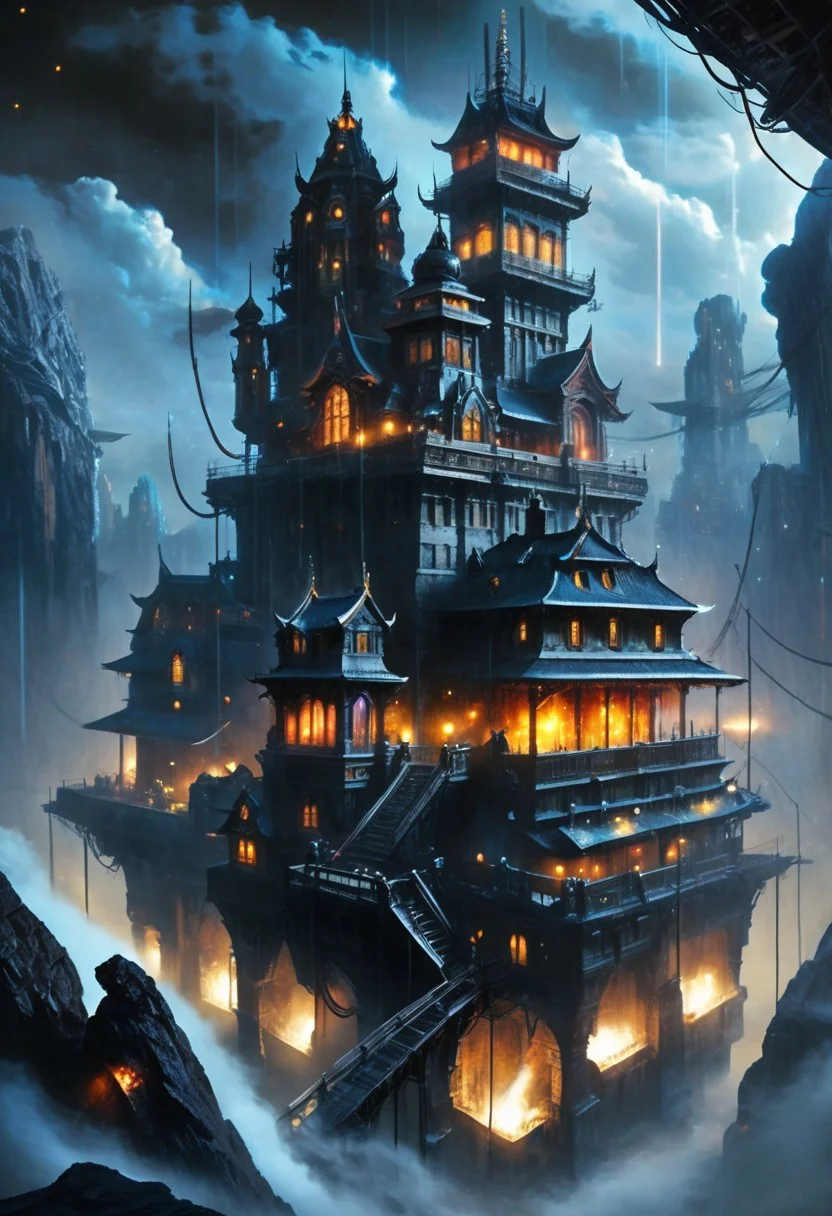 skies of arcadia,best quality, masterpiece, extremely detailed, professional art, professional painting, intricate detail, dynamic composition, back lighting, perfect shading, professional shading, bokeh, cool fill light, formidable, impenetrable, highly detailed, far shot, giant floating island in the sky, onyx black castle, a peasant town surrounds it, lots of different dwellings, steampunk fantasy, lava falls, floating, cityscape, island, forboding, futuristic, retrofuturism, cyberpunk, night time, dark, rain, heavy rain and fog, cyberpunknoirlora, csleeper