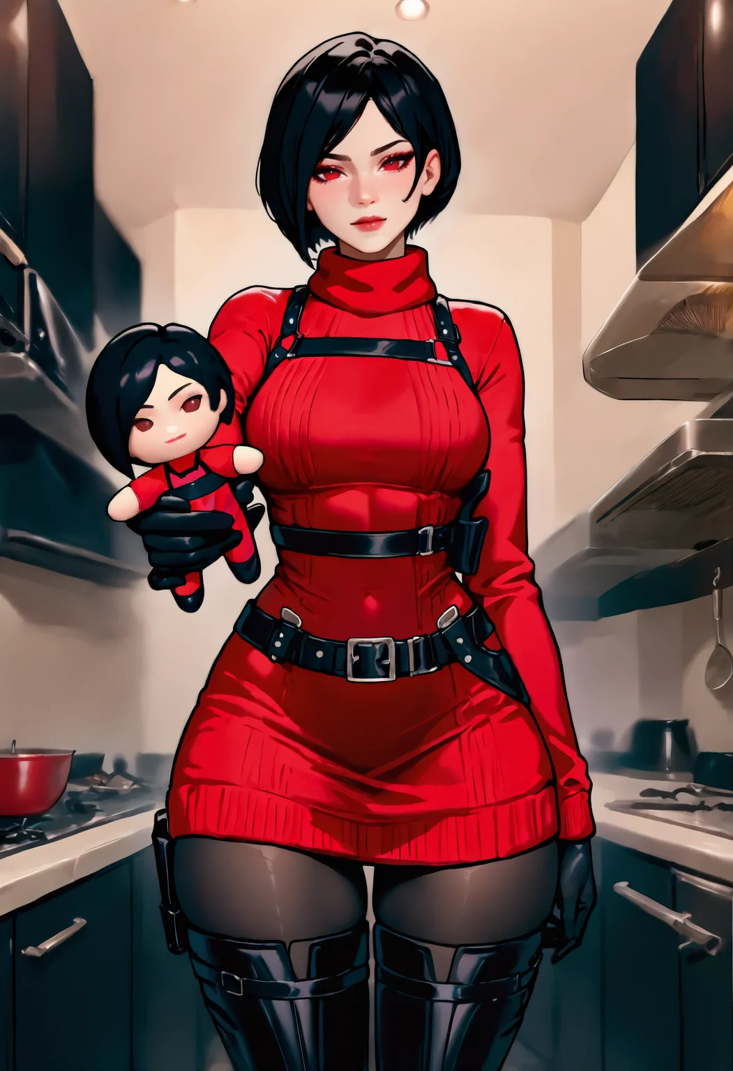 masterpiece, best quality, newest, 1girl, solo, indoors, kitchen, straight-on, looking at viewer, holding doll, character doll, outstretched arm, <lora:Baking My Long Distance Bf Into A Cookie Because I Miss Him:1>
ada wong, black gloves, red dress, sweater dress, black pantyhose, thigh boots, thighhigh, belt buckle, harness, holster