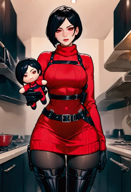 masterpiece, best quality, newest, 1girl, solo, indoors, kitchen, straight-on, looking at viewer, holding doll, character doll, outstretched arm, <lora:Baking My Long Distance Bf Into A Cookie Because I Miss Him:1>
ada wong, black gloves, red dress, sweater dress, black pantyhose, thigh boots, thighhigh, belt buckle, harness, holster