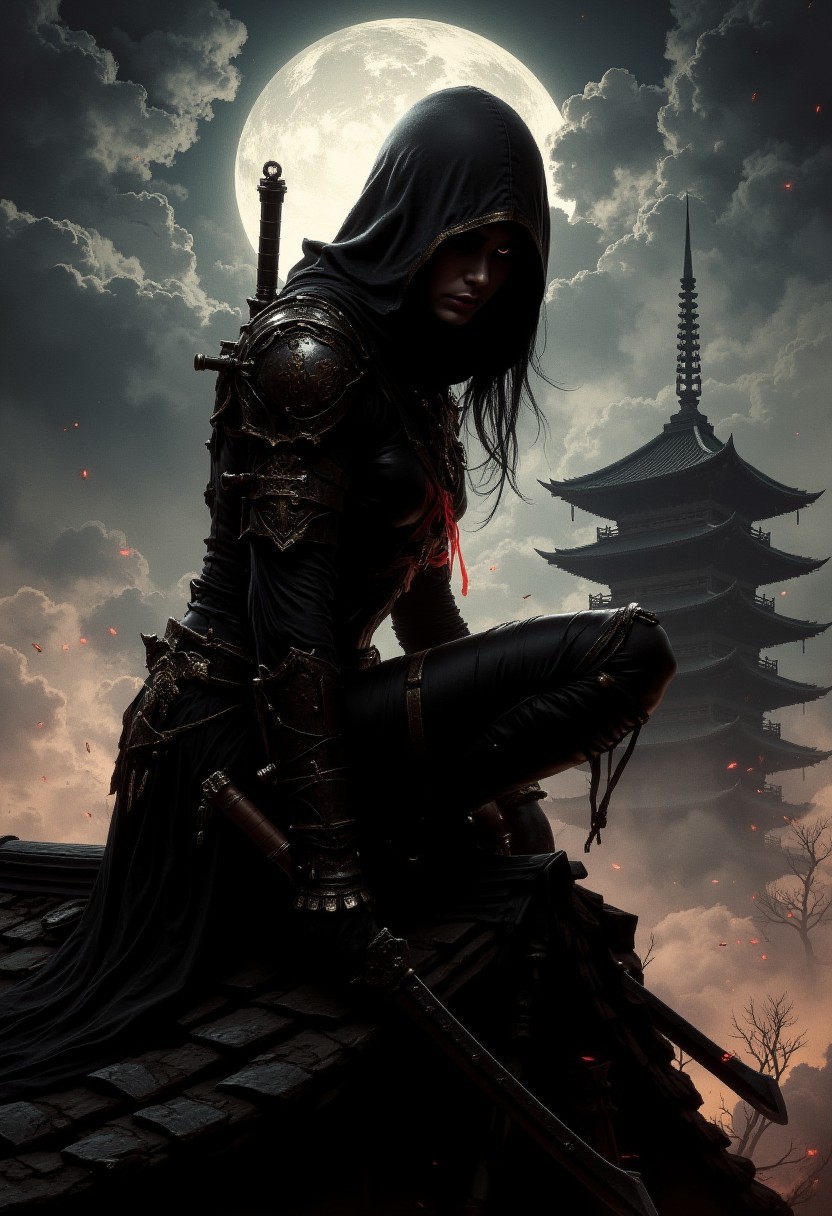 detailed renaissance oil painting, masterpiece, FredFraiStyle, female japanese ninja assassin, hood, chiascuro, weapons, directional lighting, masterpiece, perfect composition, perfect hands, kneeling on roof of pagoda temple, silhouetted with light illuminating one side of face