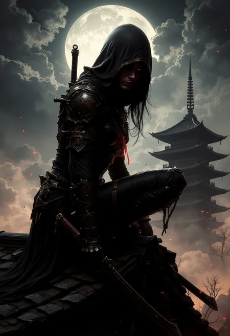 detailed renaissance oil painting, masterpiece, FredFraiStyle, female japanese ninja assassin, hood, chiascuro, weapons, directional lighting, masterpiece, perfect composition, perfect hands, kneeling on roof of pagoda temple, silhouetted with light illuminating one side of face