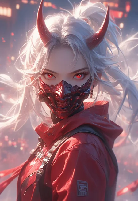 WLOP art style, Digital painting style visual effects, real humans, (Korean girl),  ((((folded double pigtails)))), looking at the audience, female, ((With straight one pair Oni Horns on On the forehead)), (((solo))), Innocent eyes and smile, white hair, short hair, (fluffy very short (spiky pigtails)), ((abs)), ((((navel exposed)))), (Face mask), ((abs)), ((((navel exposed)))), black short Hoodie, red long-sleeved top, tight denim hot pants, long legs, clear face, ruby ​​red eyes, holding a gun, gun in hand, looking up, bright eyes, clarity, movie shot, (full body), complex Details, 8k post-production, faithful and colorful movies,